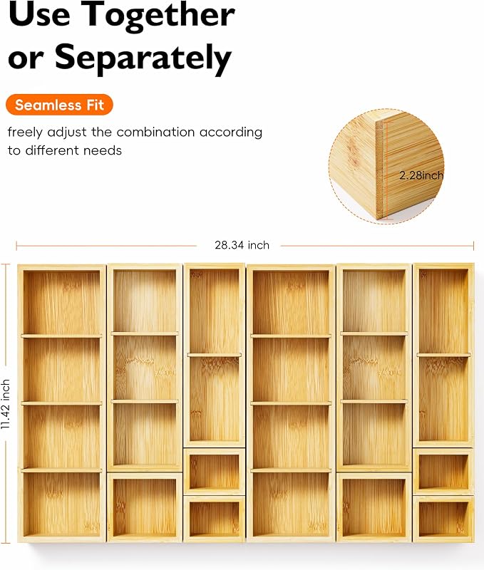 12-Piece Bamboo Drawer Organizer Set, 24 Compartments Modular Storage | Natural - Image 2