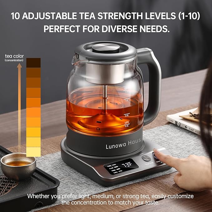 Titanium & Glass Electric Tea Kettle & Tea Maker, Pro Steam Extraction, 11 Temp & 10 Strength Levels, 12H Auto Warm, 1.2L 600W 120V,BPA-Free, 2Infusers
