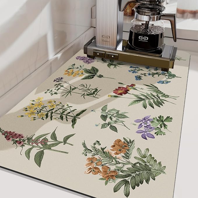 LOKHOM 17"x32" Dish Drying Mat，Vintage Sage Flower Herb Coffee Mat | Ultra - Image 8