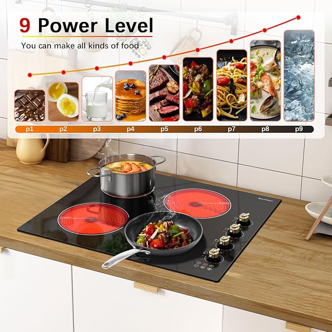 Karinear Electric Cooktop 24 Inch, 4 Burners Electric Stove Top, Built-in Radiant Cooktop Knob Control, Safety Lock, Timer, Pause, 6000W 220~240V Hard Wired(No Plug)