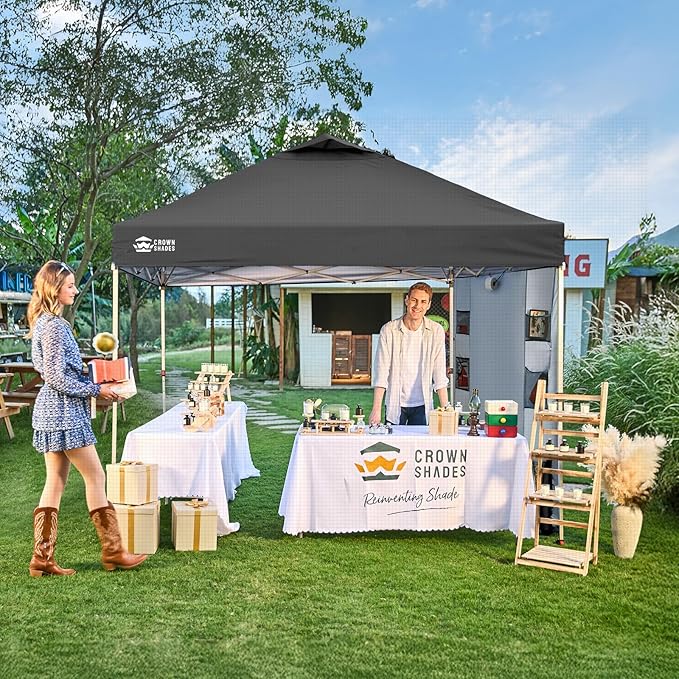 CROWN SHADES Canopy Tent 10x10 Pop Up Canopy Outdoor Shade with Pockets Sidewall, Easy Up Sun Shelter with One Person Set Up Center Lock, Portable Instant Camping Beach Canopies Tents, Grid Grey
