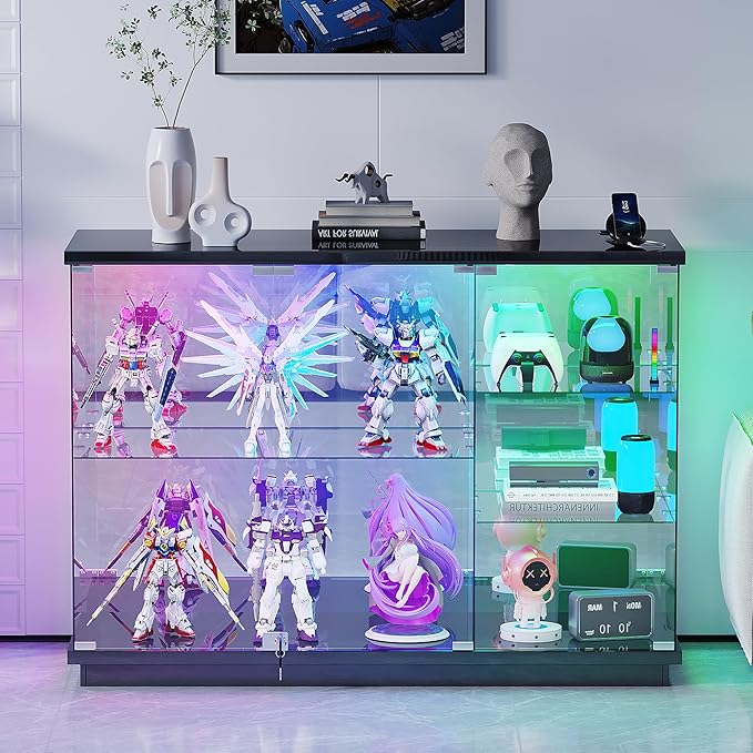 Lvifur RGB Glass Display Cabinet - with Lock, High Gloss Sideboard with Human Body Sensor & Glass Shelves for Toys, Books, Collectibles, Liquor, Bookcase for Living Room, Kitchen, Study, Black