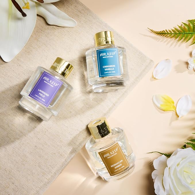 Reed Diffuser Set of 3, Cinnamon Vanilla Lavender Field Moroccan Amber Oil Reed - Image 5