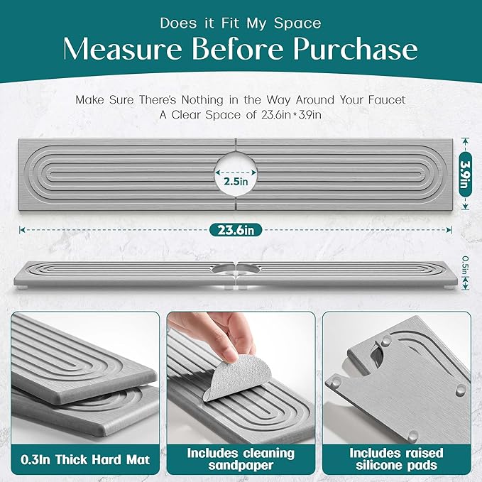 Kitchen Faucet Absorbent Mat - Diatomaceous Earth Splash Guard for Sink Faucet, Aesthetic Water Absorbing Stone Tray in The Modern Home [Grey, 23.6" x 3.9"]
