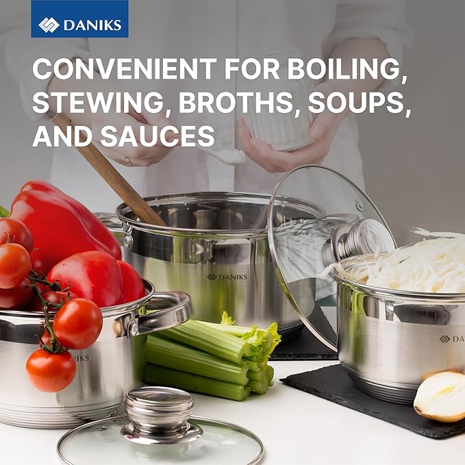 Daniks Standard 9-Piece Stainless Steel Cookware Set with Glass Lids, Includes Saucepan, Tri-Ply Bases for Even Heating, Induction Compatible, Dishwasher Safe, Built-In Measuring Scale, Silver