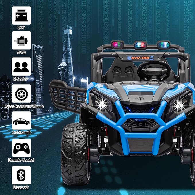 24V 2 Seater Ride On Car for Kids, Electric Car with Remote Control, Battery Powered Side by Side Ride On UTV, 4x4 Ride On Truck with Bluetooth, Blue