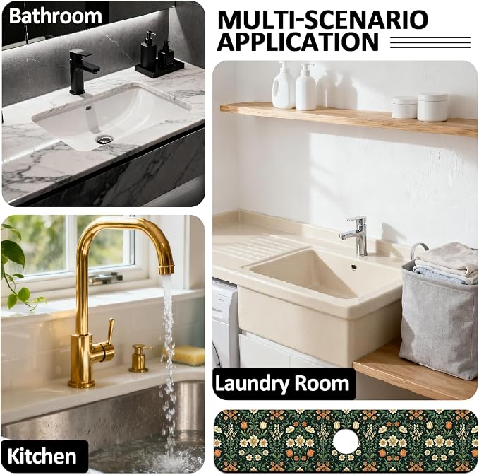 2Pcs Vintage Plants Kitchen Sink Splash Guard Faucet Mat Vintage Flowers Leaves - Image 7