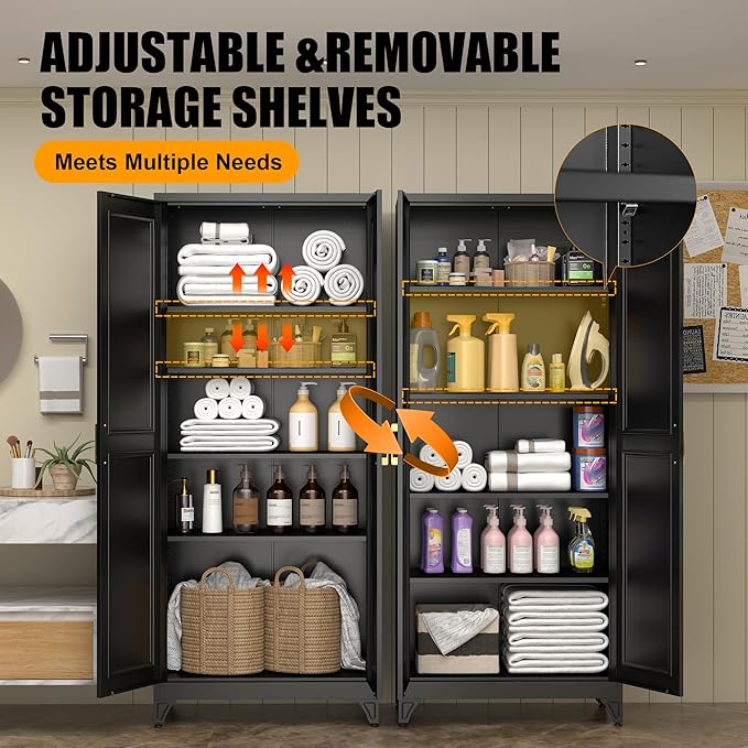 75" Tall Metal Storage Cabinet, Kitchen Pantry Storage Cabinets with Doors and 4 Shelves, Black Pantry Cabinet, Utility Kitchen Cupboard, Large Steel Cabinets for Dining, Office, Living Room