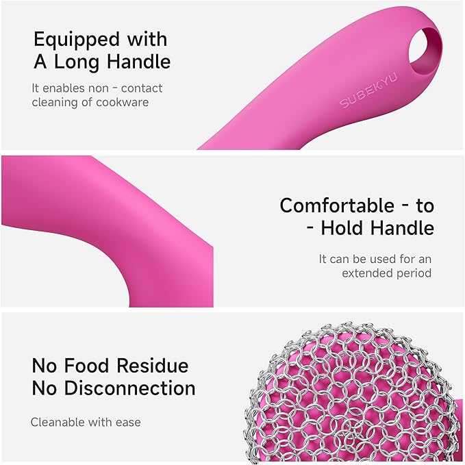 SUBEKYU Cast Iron Scrubber with Silicone Handle, Stainless Steel Skillet Cleaner for Cast Iron Pans (Pink Scrubber + Scraper)
