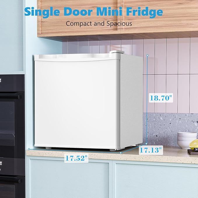 1.7 Cu.ft Mini Fridge with Freezer, Compact Refrigerator, Single Reversible Door, Ultra Quiet, Energy Efficient for Office, Dorm, Bedroom, Apartment, White