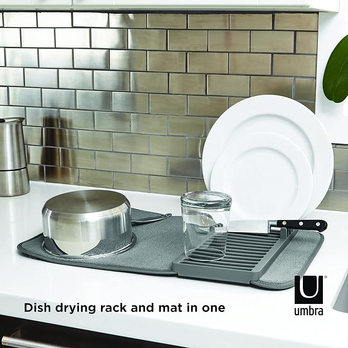 Umbra Udry Dish Drying Rack, Folding Dish Drainer Mat, Dark Grey | Absorbent - Image 6