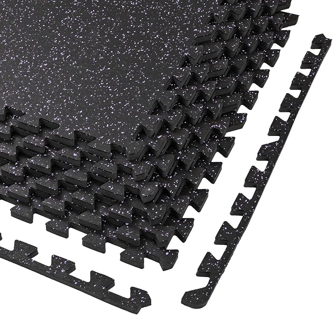 Xspec 1/2" Thick 48 sq ft (12 Tiles) Interlocking Rubber Top EVA Foam Exercise Mat | Home Gym Mats Workout Flooring Tiles for Gyms, Fitness Rooms | Durable Grip Protective Flooring, Black/Purple
