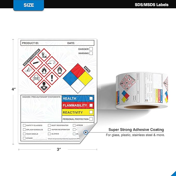 SDS Label Stickers 4 x 3 Inches, Roll of 250 MSDS OSHA Data Stickers with GHS Pictograms & Perforated Edges for Easy Separating | HMIS & Hazard Compliant | Secondary Containers for Chemical Safety
