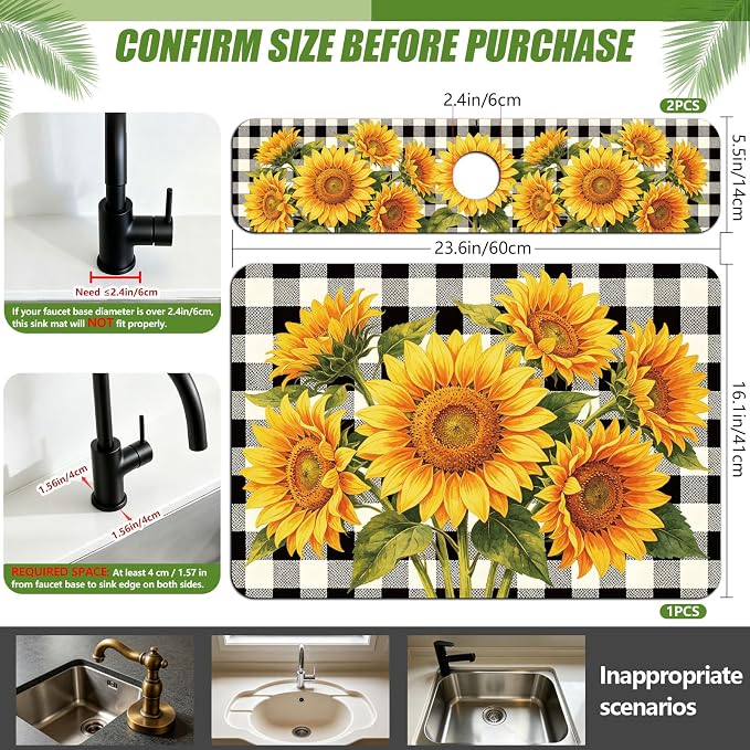 3 Pcs 2 Size Kitchen Sink Splash Guard Faucet Mat Plaid Sunflowers Pattern - Image 2