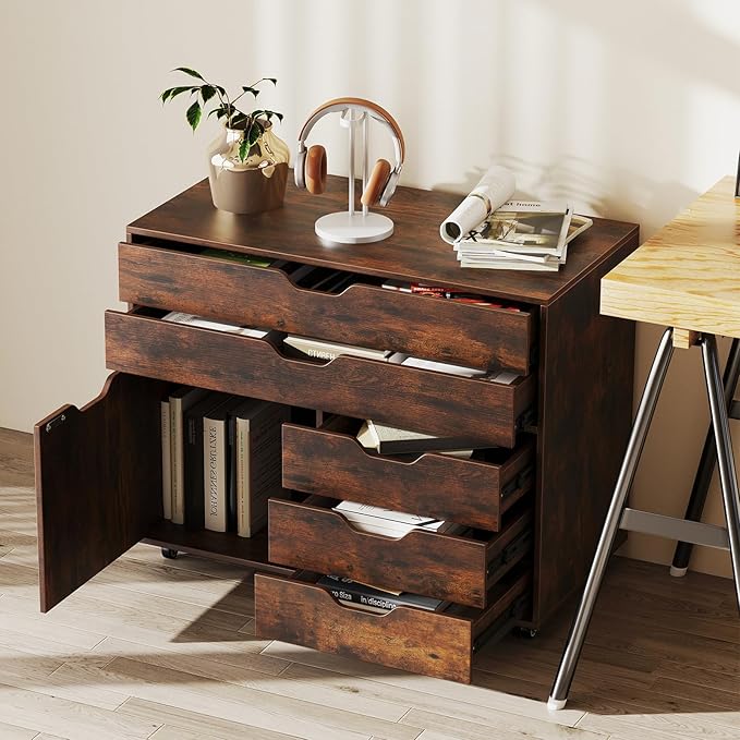 File Cabinet, Rustic Filing Cabinet w/Universal Wheels, Wood Printer Stand w/Storage, Rolling File Cabinets for Home Office, Living Dining Room (Rustic Brown, 2 Large Drawers & 3 Small Drawers)