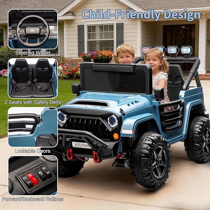 Kids 24V 2-Seater Electric Ride On Car, 4x4 Ride On Truck w/Remote Control, 4-Wheeler Suspension, 3 Speeds, Led Lights, Bluetooth, Ride on Car Toy for Kids Ages 3-8, Blue