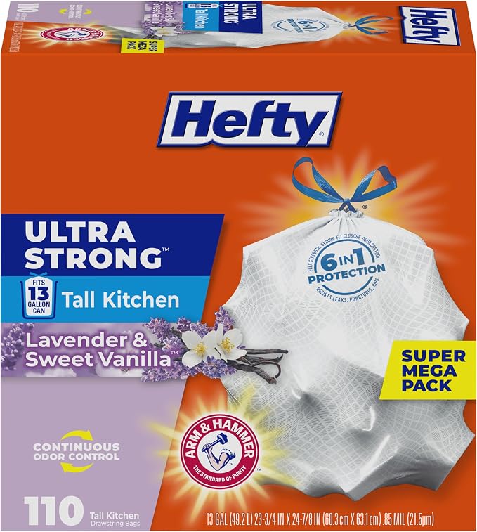 Hefty Ultra Strong 13 Gal Kitchen Trash Bags, Lavender Vanilla, 110ct | Bulk by Hefty