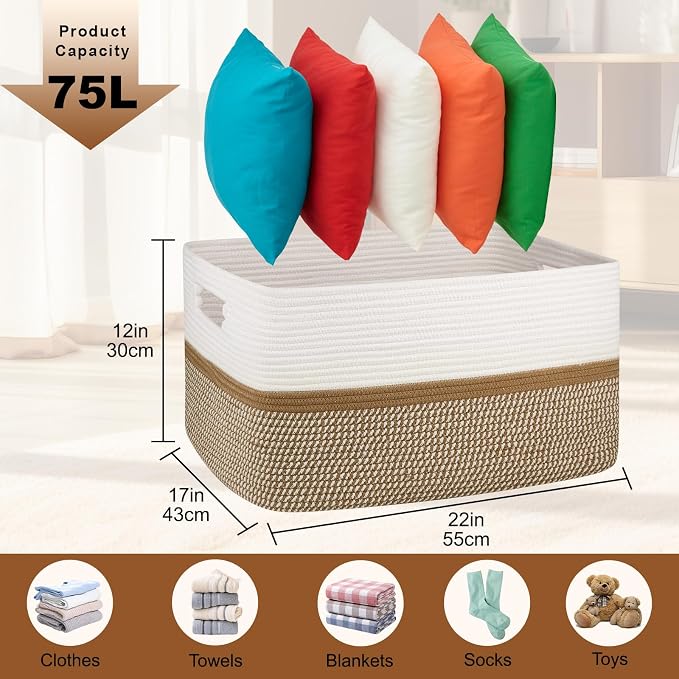 OIAHOMY Blanket Basket Laundry Basket Dog Toy Basket 75L Yellow/White - Image 3