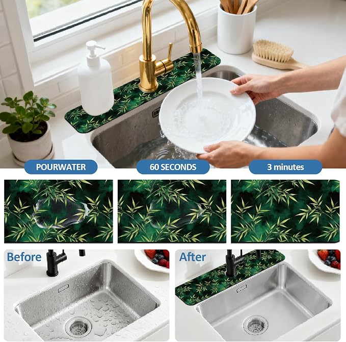 2 Pcs Kitchen Sink Splash Guard Faucet Mat Bamboo Leaves Pattern Faucet Mat - Image 5