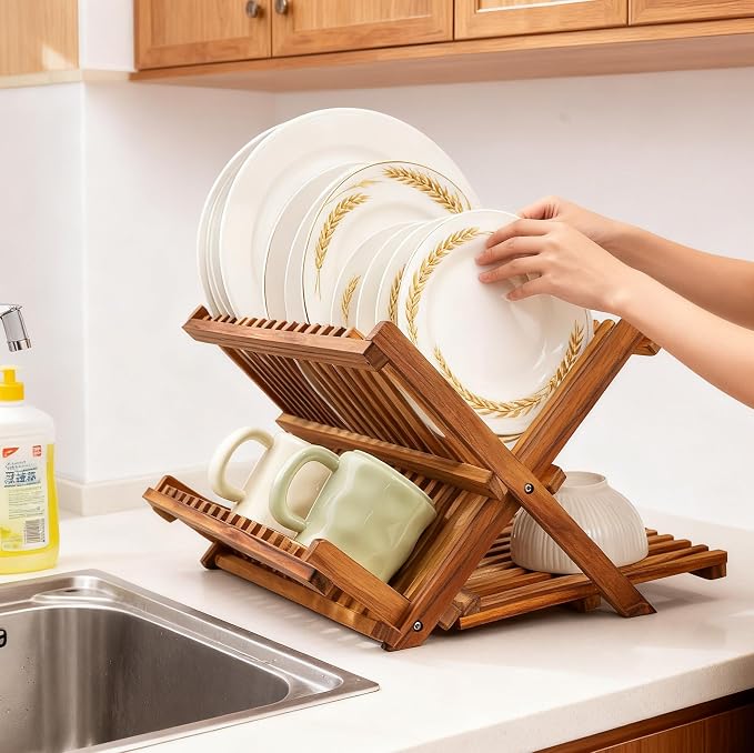 Utoplike Teak Dish Drying Rack Collapsible, Large Dishes Draine 3 Tier | - Image 2