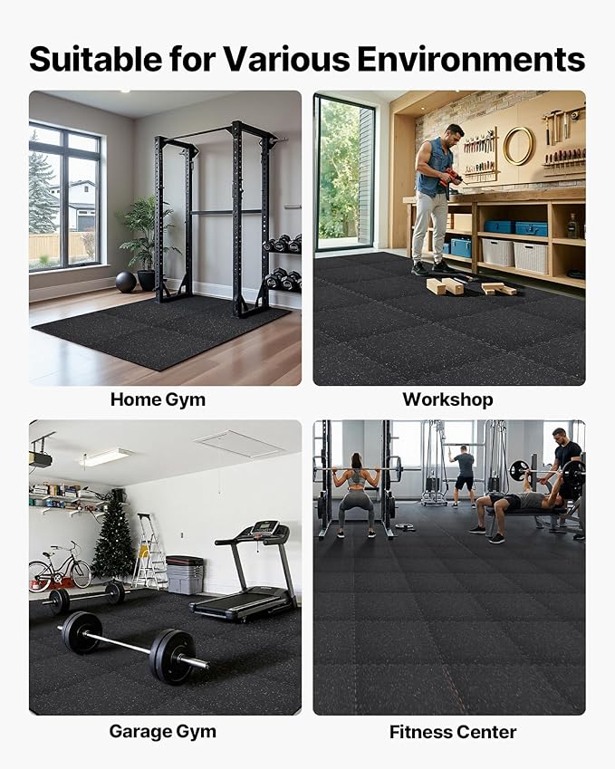 VEVOR 0.4Inch 48sq.ft 12 Tiles Gym Flooring for Home Gym, Rubber Top with High Density EVA Foam, 24 x 24In Gym Floor Exercise Equipment Mats, Interlocking Gym Mats, Puzzle Workout Mats, Black & White