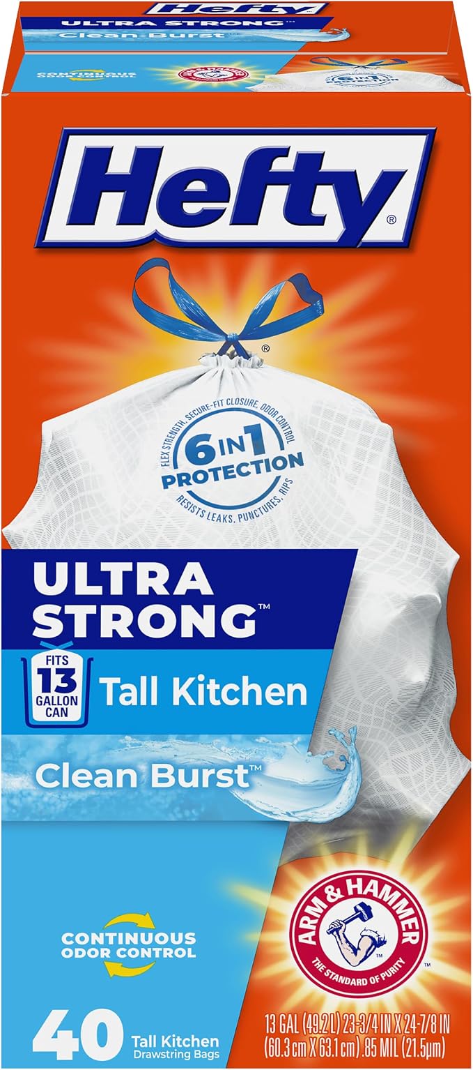 Hefty Ultra Strong 13 Gal Kitchen Trash Bags, Clean Burst, 40ct | 13G Tall by Hefty