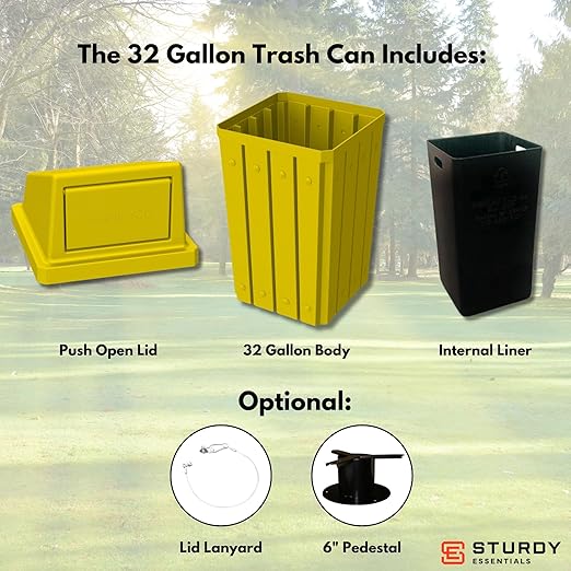 Campus Collection 32 Gallon Square Slatted 100% Recycled Plastic Heavy-Duty Commercial Outdoor or Indoor Trash Can with Push Top Lid | Great for Schools and Businesses - Yellow