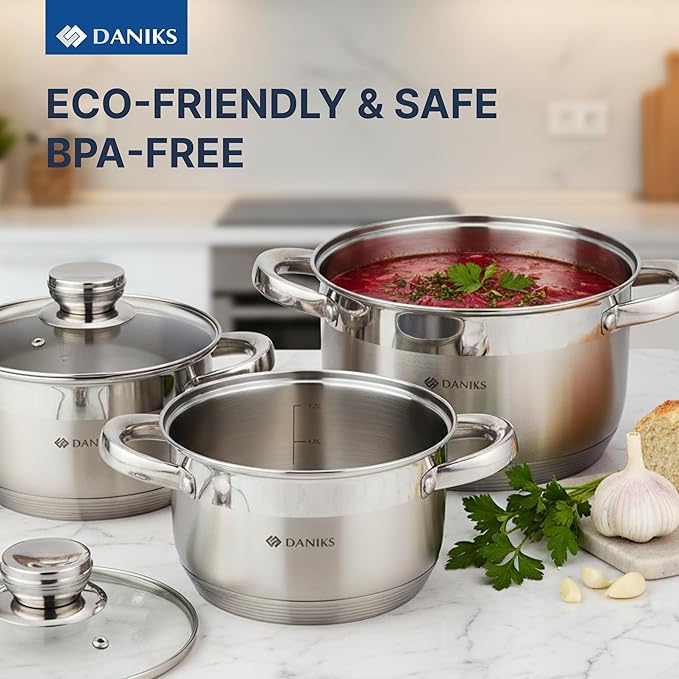 Daniks Standard 9-Piece Stainless Steel Cookware Set with Glass Lids, Includes Saucepan, Tri-Ply Bases for Even Heating, Induction Compatible, Dishwasher Safe, Built-In Measuring Scale, Silver