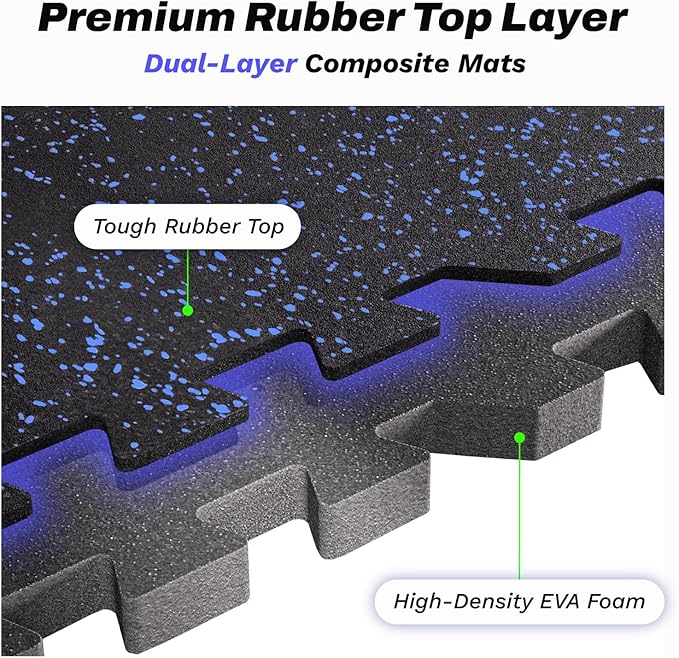 AIRHOP 0.56in Thick 24 Sq Ft Exercise Equipment Mats, 6 Tiles Upgraded Rubber Top with High Density EVA Foam, Large Interlocking Puzzle Gym Flooring for Home Gym, Heavy Weight Workout,Black & Blue