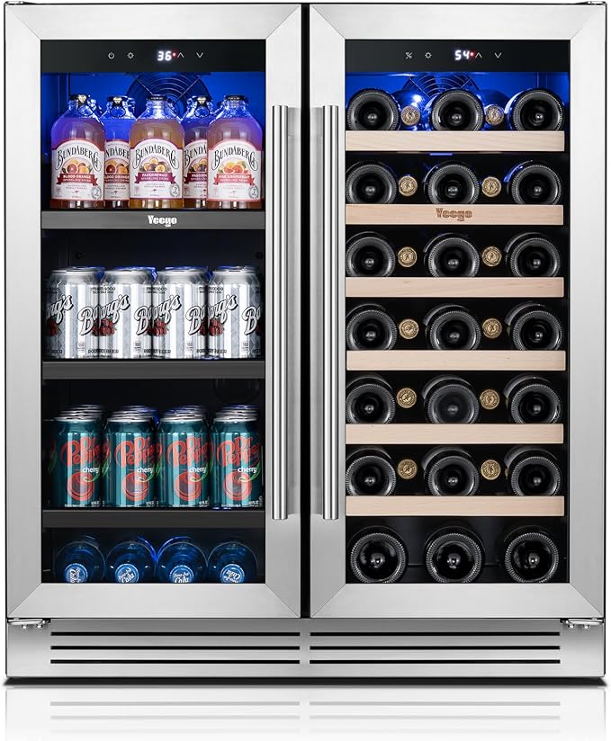 Yeego 24 Inch Wine and Beverage Refrigerator - 80 Cans & 33 Bottles Wine Fridge with Glass Door, 36-72°F Built-In or Freestanding Dual Zone Wine Cooler for Kitchen Bar Office Beer Soda Drink