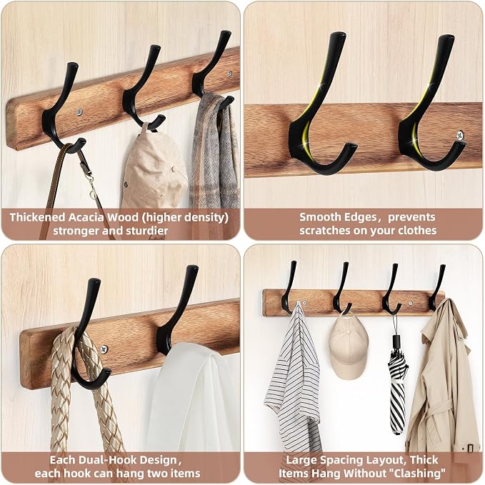 Coat Rack Wall Mount, Acacia Wood Coat Hooks Wall Mount, Hat Rack Wall Coat - Image 3