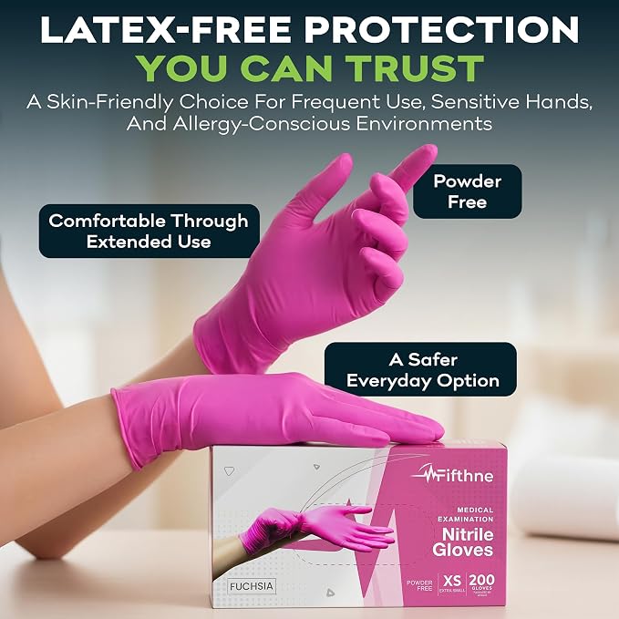 FifthPulse Fuchsia Hot Pink Nitrile Disposable Gloves -3 Mil Medical Exam - Image 3
