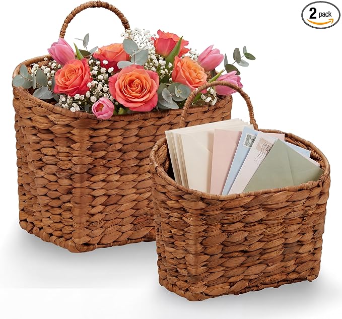 Set of 2 Red Brown Wicker Hanging Baskets by 84ECO