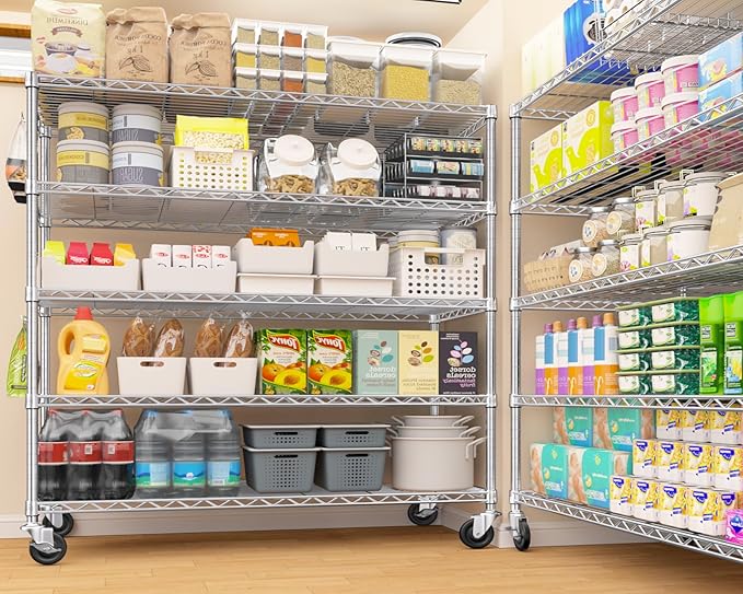 PrimeZone 5 Tier 48" Wx24''Dx81''H Wire Shelving with Wheels 3000lbs NSF Certified Storage Shelves Heavy Duty Metal Shelf Adjustable Rolling Rack Commercial Garage Restaurant Warehouse Chrome 3Pack