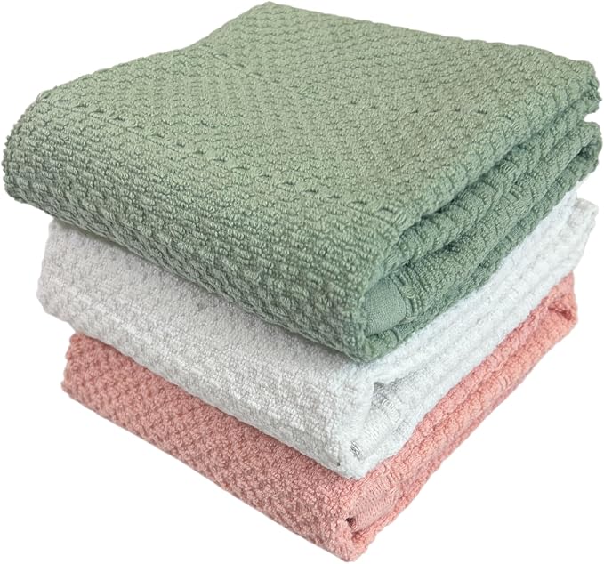 Sage Pink White Kitchen Hand Dish Towels, 100% Cotton by SerafinaHome