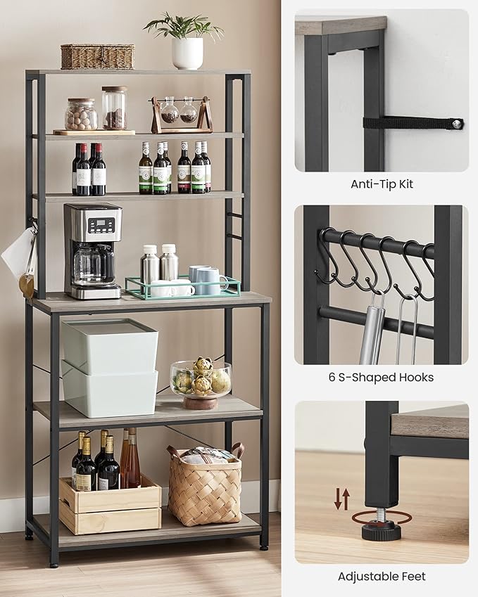 VASAGLE Coffee Bar, 31.5 Inches Baker's Rack for Kitchen with Storage, 6-Tier Kitchen Shelves with 6 Hooks, Microwave Stand, Industrial, Heather Greige and Ink Black UKKS019B02