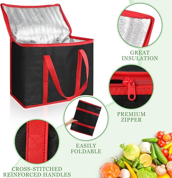 Kenning 8 Pcs Large Insulated Reusable Grocery Bags with Sturdy Zipper and Handles Foldable Washable Cooler Totes Heavy Duty Hot or Cold Food Delivery Bag for Food Transport Travel Lunch (Black Red)