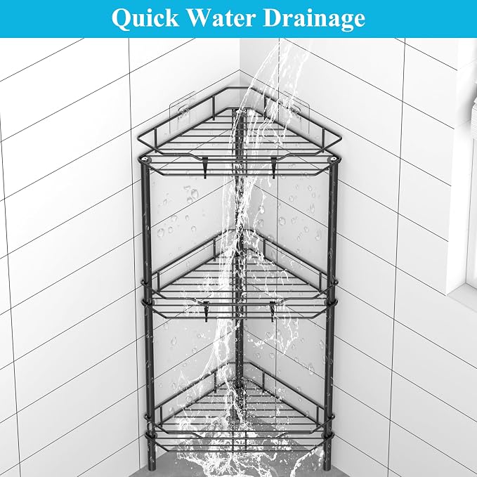 HuggieGems Metal Floor Standing Corner Shower Caddy, Matt Black, 3 Tier - Image 6