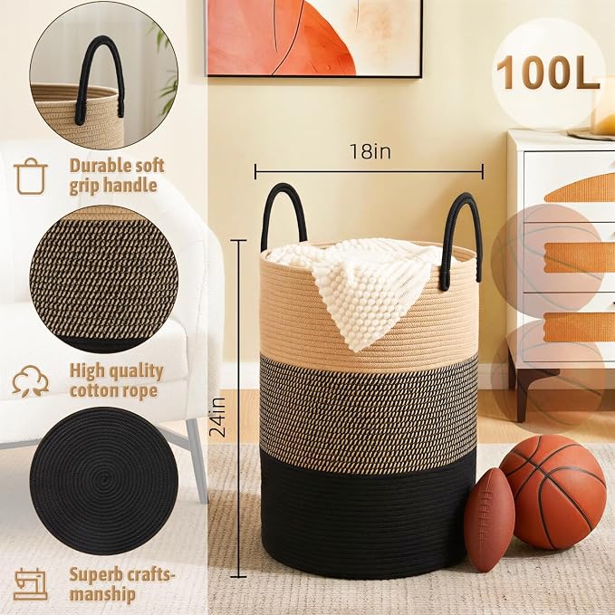 Artfeel Laundry Basket, Woven Cotton Rope Laundry Hamper, 100L - Image 6