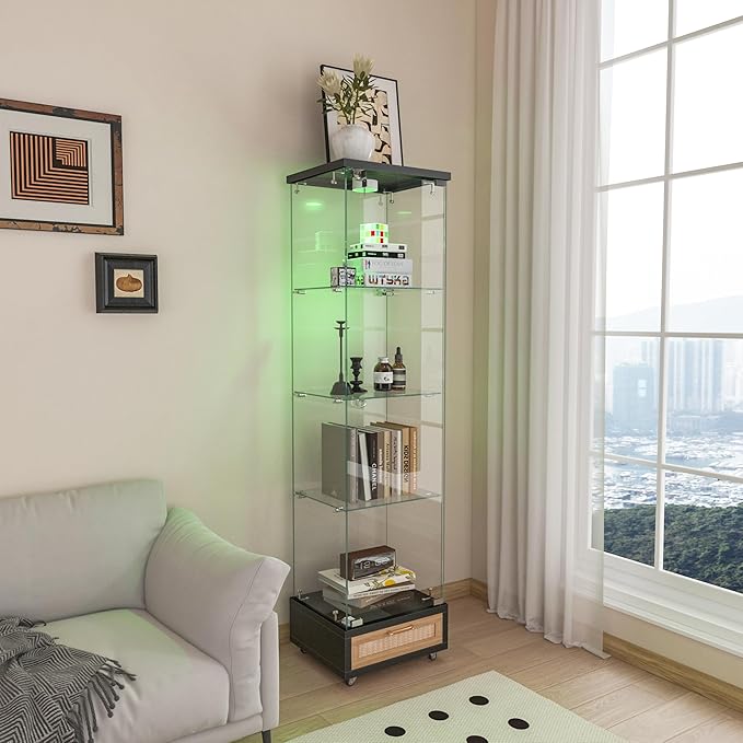 Yoluckea 4 Tiers Glass Display Cabinet with LED Lighting and Drawer, 1 Door Floor Standing Curio Cabinet with Wheel for Home, Office, Corner Display, Black Glass Bookshelf for Collections and Decor