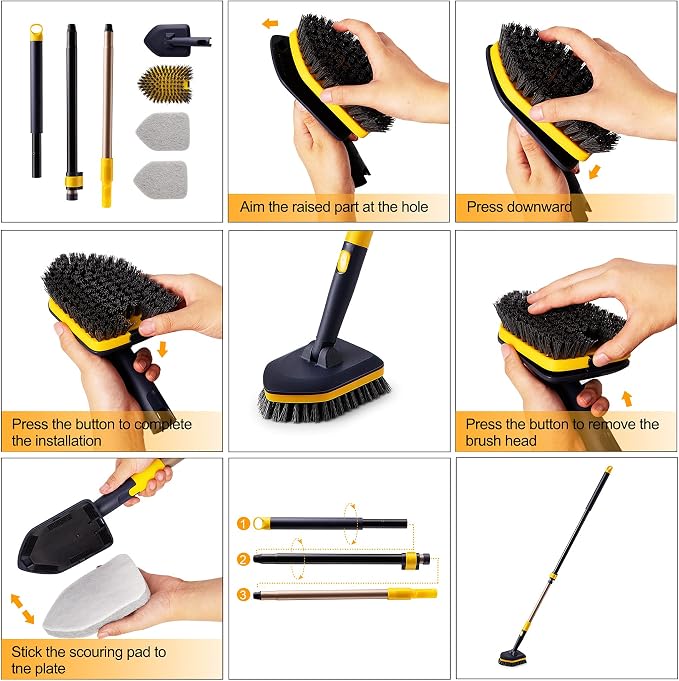 Yocada Tub Tile Scrubber Brush 2 in 1 Cleaning Brush 4*Scouring Pads 58.2" - Image 3
