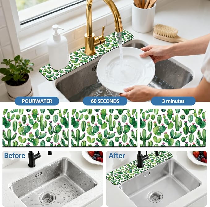 2Pcs Cactus Pattern Kitchen Sink Splash Guard Faucet Mat Tropical Plants - Image 5