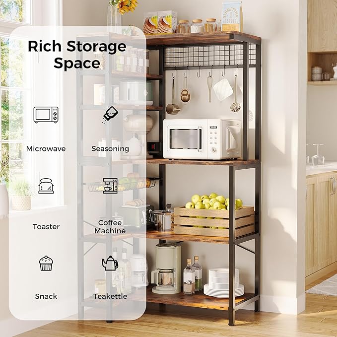 IRONCK Bakers Rack with Power Outlet, 5-Tier Corner Microwave Stand with Storage, Coffee Bar with 6 S-Shaped Hooks, Kitchen Shelves with Wire Basket