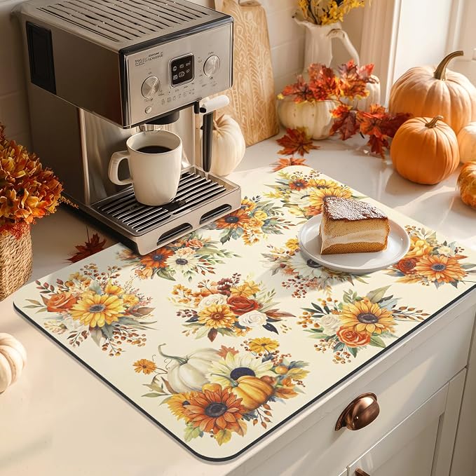LOKHOM 18"x24" Fall Dish Drying Mat，Autumn Harvest Pumpkin Sunflower | - Image 2