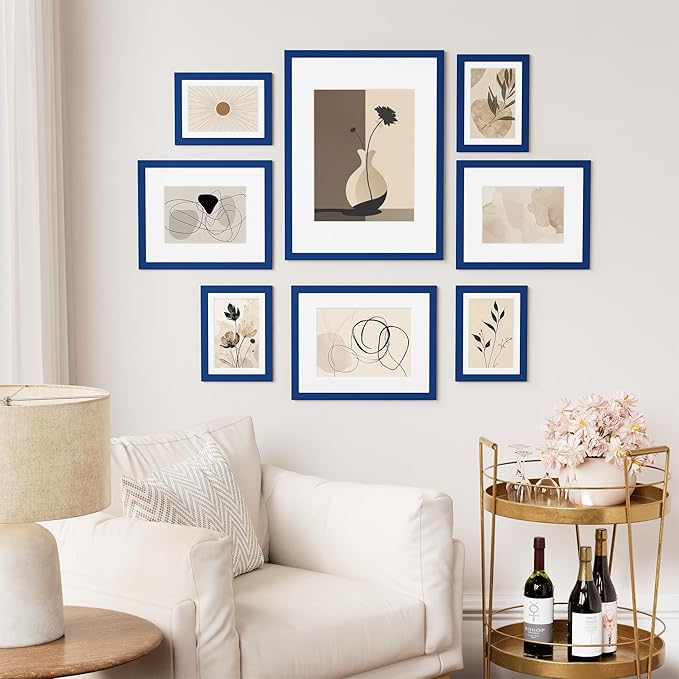 Vittanly 11x14 Picture Frame Set of 2, Solid Wood Frame for Wall Art Photo and Prints, Display Photo 8x10 with Mat or 11x14 without Mat, Royal Blue