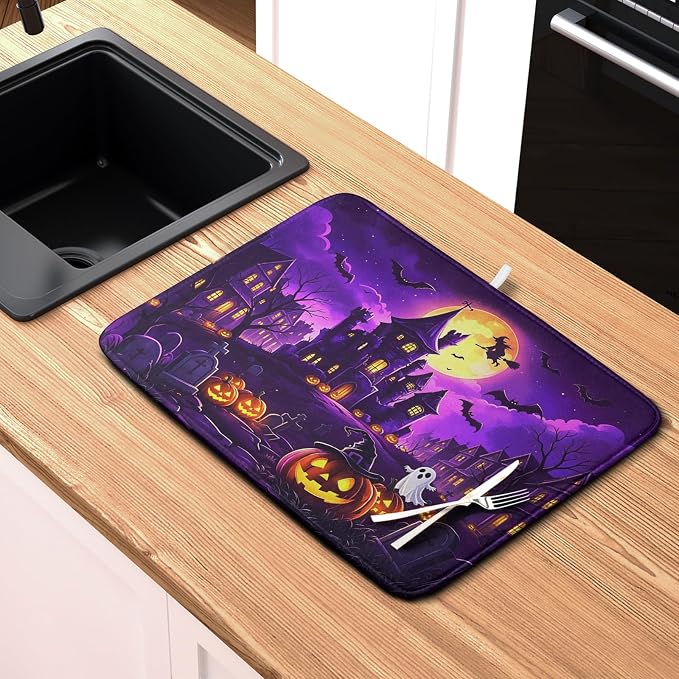 Halloween Dish Drying Mat for Kitchen Counter Witch Castle Bats Ghost Purple - Image 6
