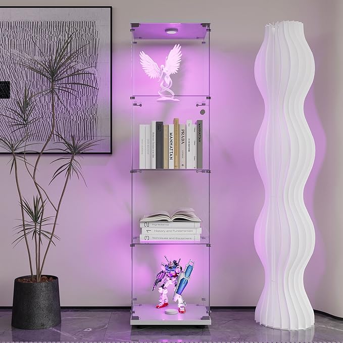 Yoluckea 4 Tiers Glass Display Cabinet with Paipai Light, 1 Door Floor Standing Curio Cabinet with Adjustable Floor Feet for Home Office Corner Display, White Glass Bookshelf for Collections and Decor