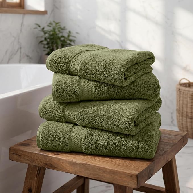 Superior Egyptian Cotton Plush Absorbent, Bath Towel Set of 4, Forest Green | - Image 2