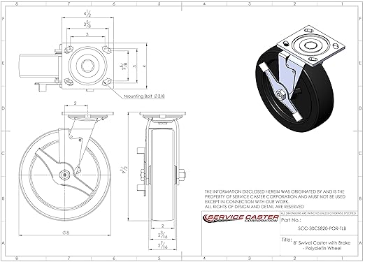 Service Caster Brand Replacement Caster for Uline Caster H-3323SWB - Swivel Top Plate Caster with 8 Inch Polyolefin Wheel and Top Lock Brake - Fits Platform, U-Boat and Panel Trucks H-1827