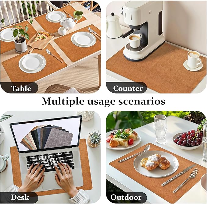 FROMHEART Faux Leather Placemats Set of 12–Waterproof,Heat/Oil Stain-Resistant PU Table Mat–Reversible,Non-Slip,Easy to Clean Place Mats for Kitchen,Dining,Indoor/Outdoor,(Orange-Grey,11.8" x 17")